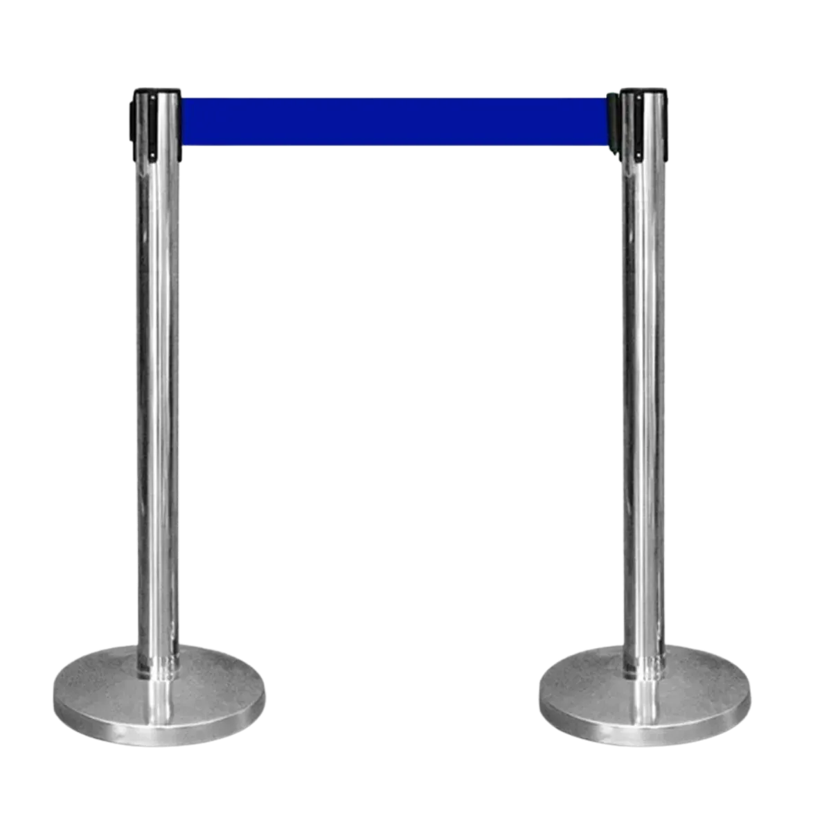Two polished chrome belt stanchion posts with a blue belt drawn between them